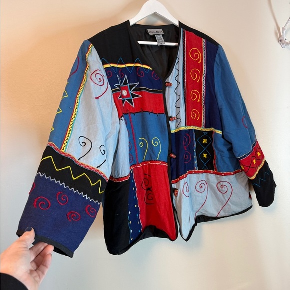 INDIGO MOON Patchwork Embroidered Blazer Jacket Aztec Boho 2X Vintage - Picture 4 of 9